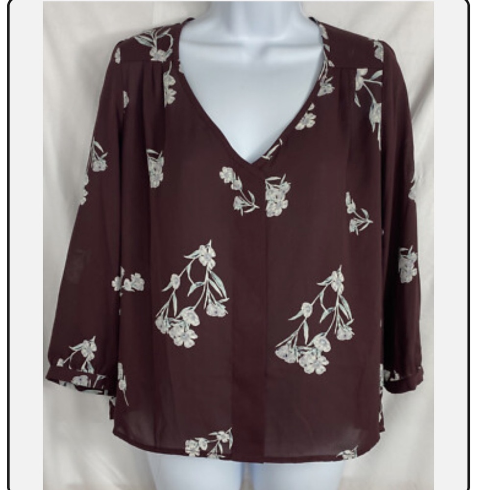 Collective Concepts Merlot Floral Blouse Sheer V-Neck Burgundy XL EUC - Picture 2 of 16